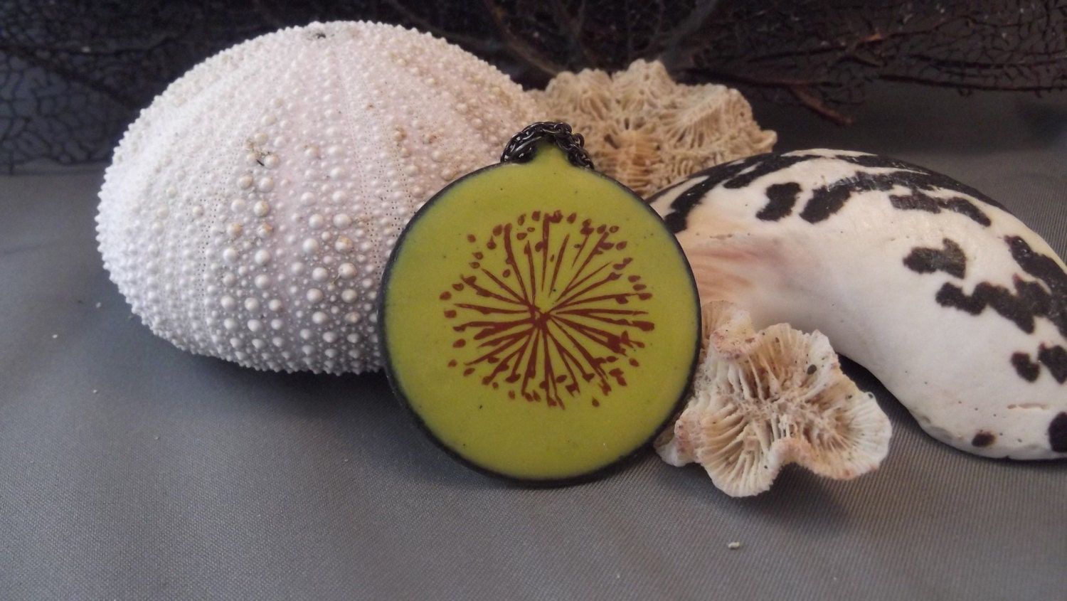 Dandelion, firework, burst, wish chartreuse enamel necklace