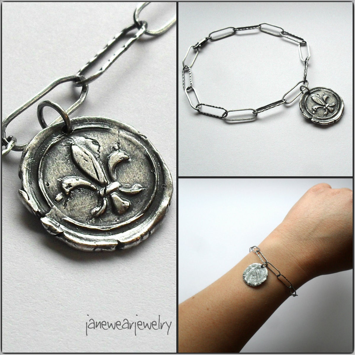 Fluer de Lis Wax Seal Style Bracelet in Fine and Sterling Silver - Ready to Ship