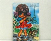 ON SALE Vintage Postcard 1970s - Big Eyed Girl in Paris - Greeting Card - Unused