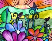 Garden View 5 x 5 inch handmade notecard sunset art print flowers art print ocean art print waves art print ocean painting