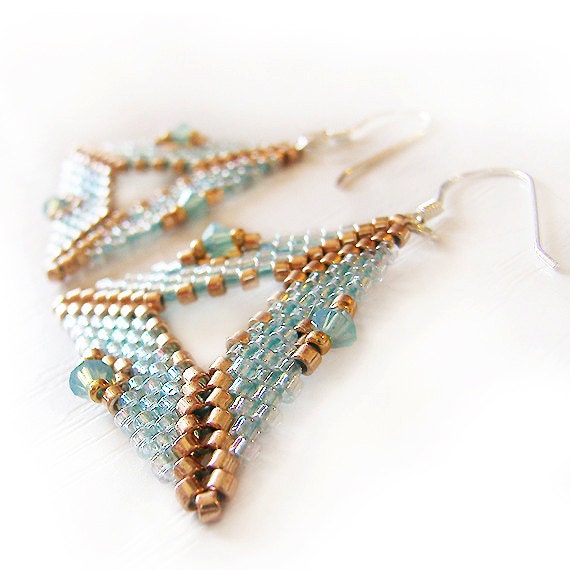 Tauri in sky blue -Triangle Sterling Silver Earrings with Swarovski and Glass Beads