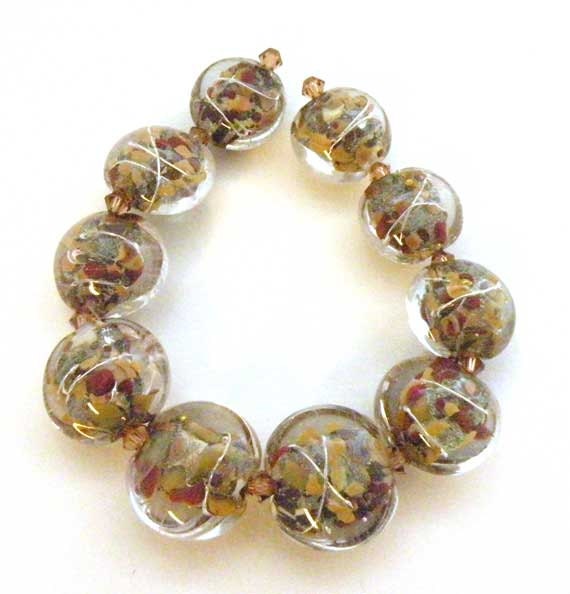 Glass Lampwork Bead Set - Shades of Nude Encased Lentil Beads with Fine Silver by Ann Ezgar SRA