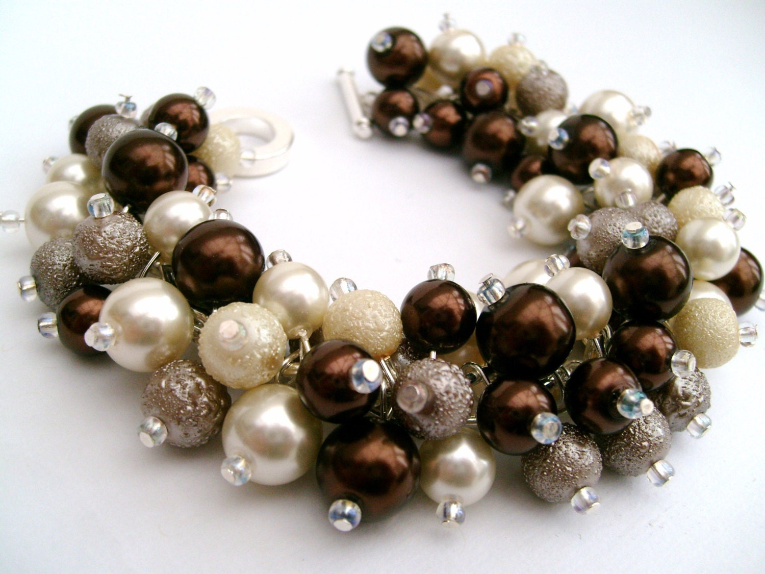 Bridesmaid Jewelry, Coffee and Cream Pearl Beaded Bracelet, Cluster Bracelet, Pearl Bracelet, Bridesmaid Gift - Jewelry By Kim Smith