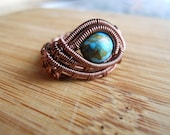 Mosaic Turquoise Ring Bead Wire Wrapped in Antique Copper Parawire Size 7 1/2