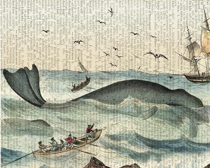 whales - vintage whaling scene printed on old page from dictionary