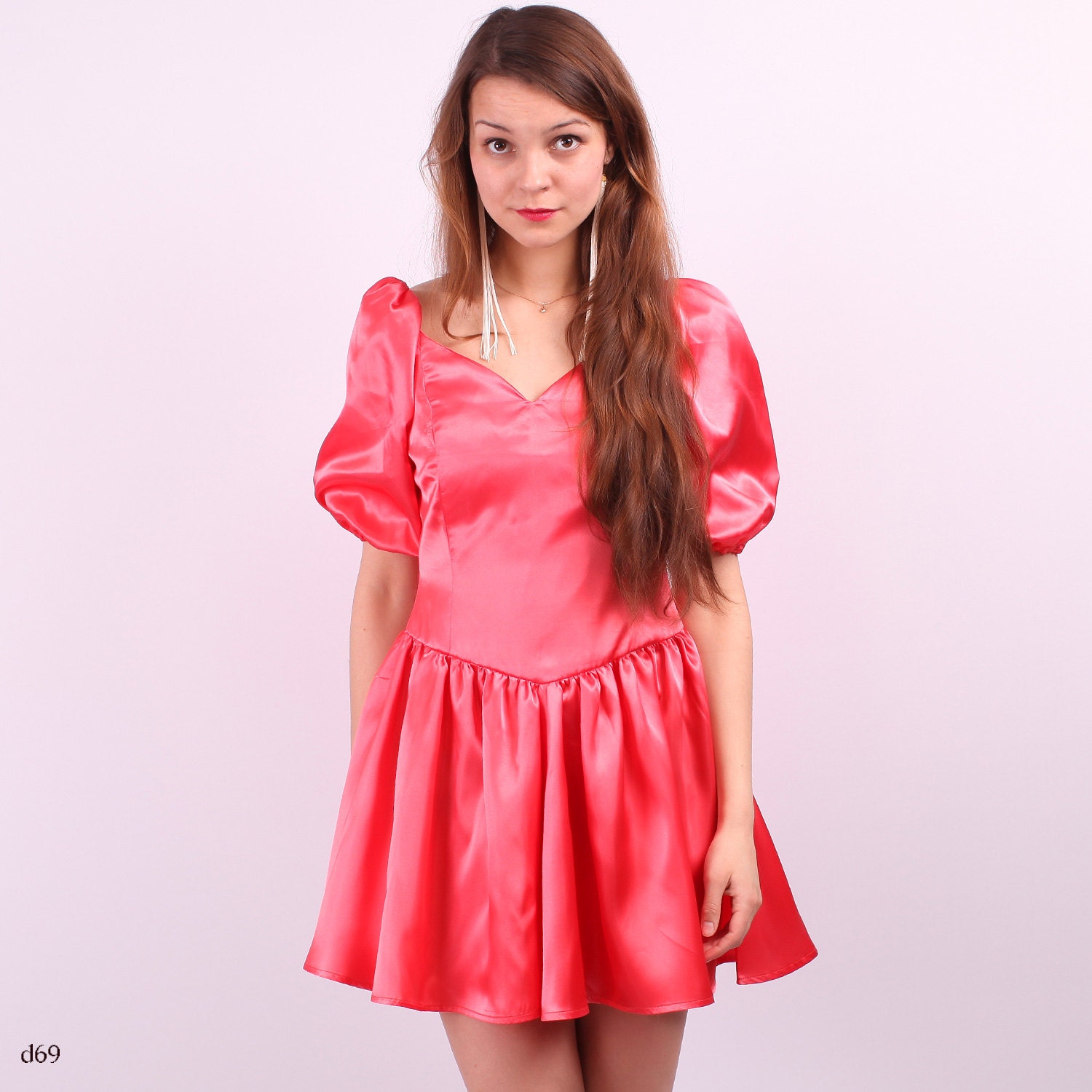 Coral Red Satin Dress / Puff Sleeve Dress / sz Small to Medium
