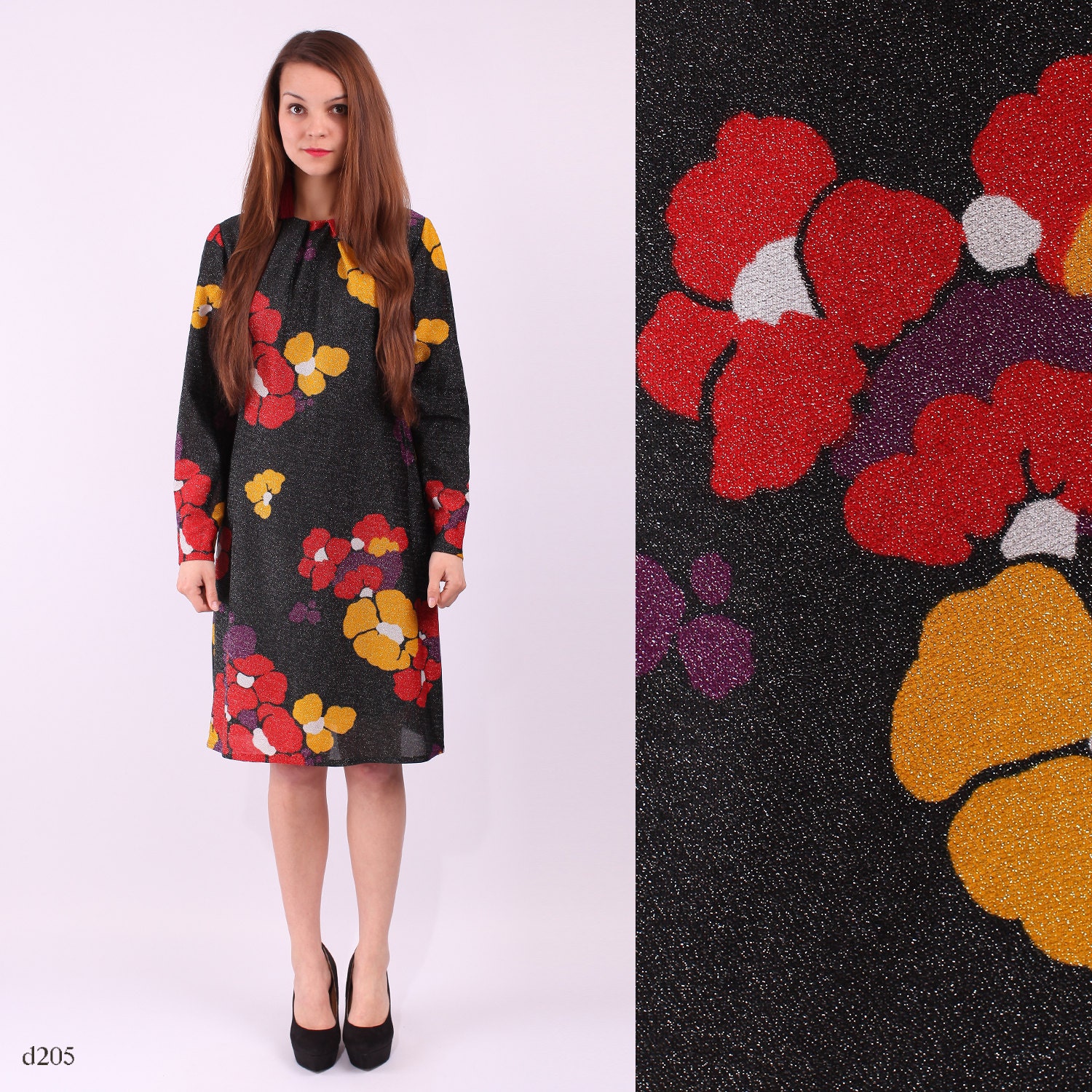 Vintage 1960s Mod Dress / Black Floral Shimmering Dress / sz Large