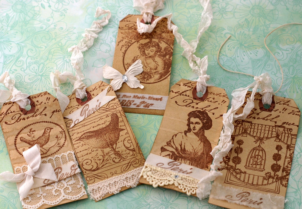French Gift Tags Distressed Hand Stamped  Shabby Chic Paris