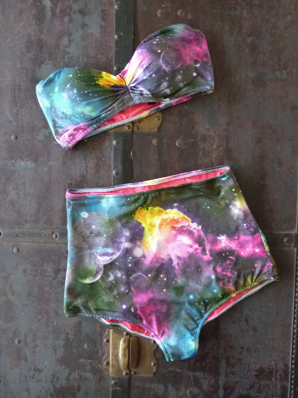 Galaxy print Retro High waisted Bandeau Pinup Bikini Made to order