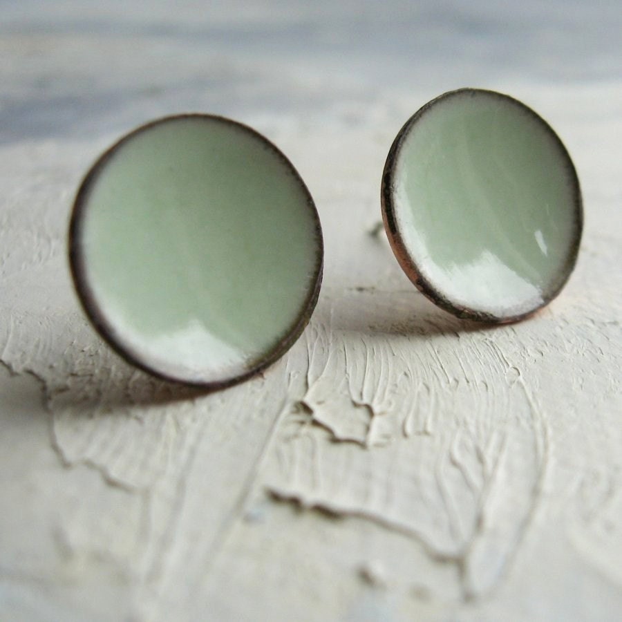 Mint Green Earrings - Large Enamel Post Earrings - handmade soft green enamel concave dish stud earrings