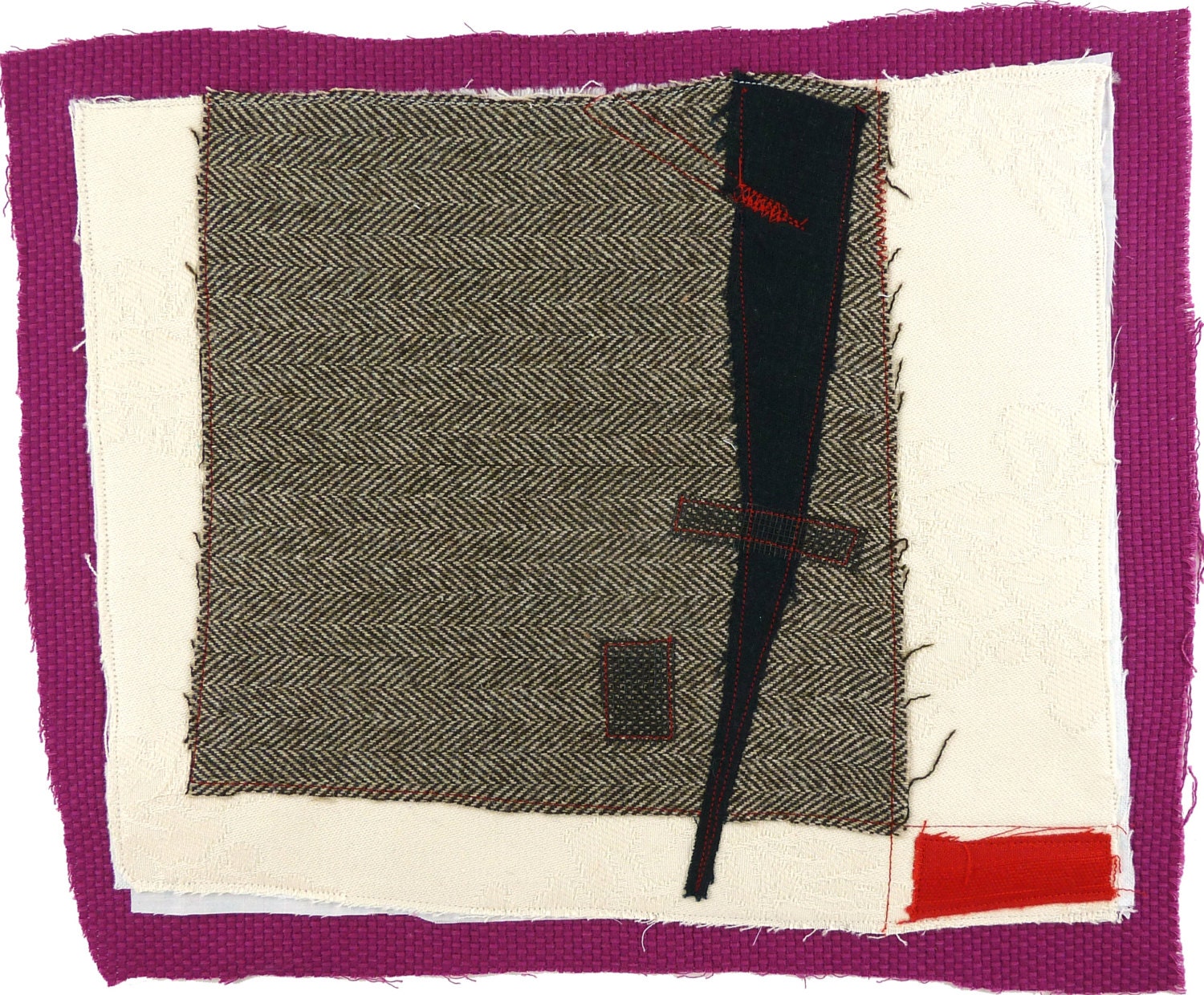 4.19.2013, quilted drawing, small art quilt, contemporary fiber art, abstract, haiku, cream, brown, fuchsia, red, black