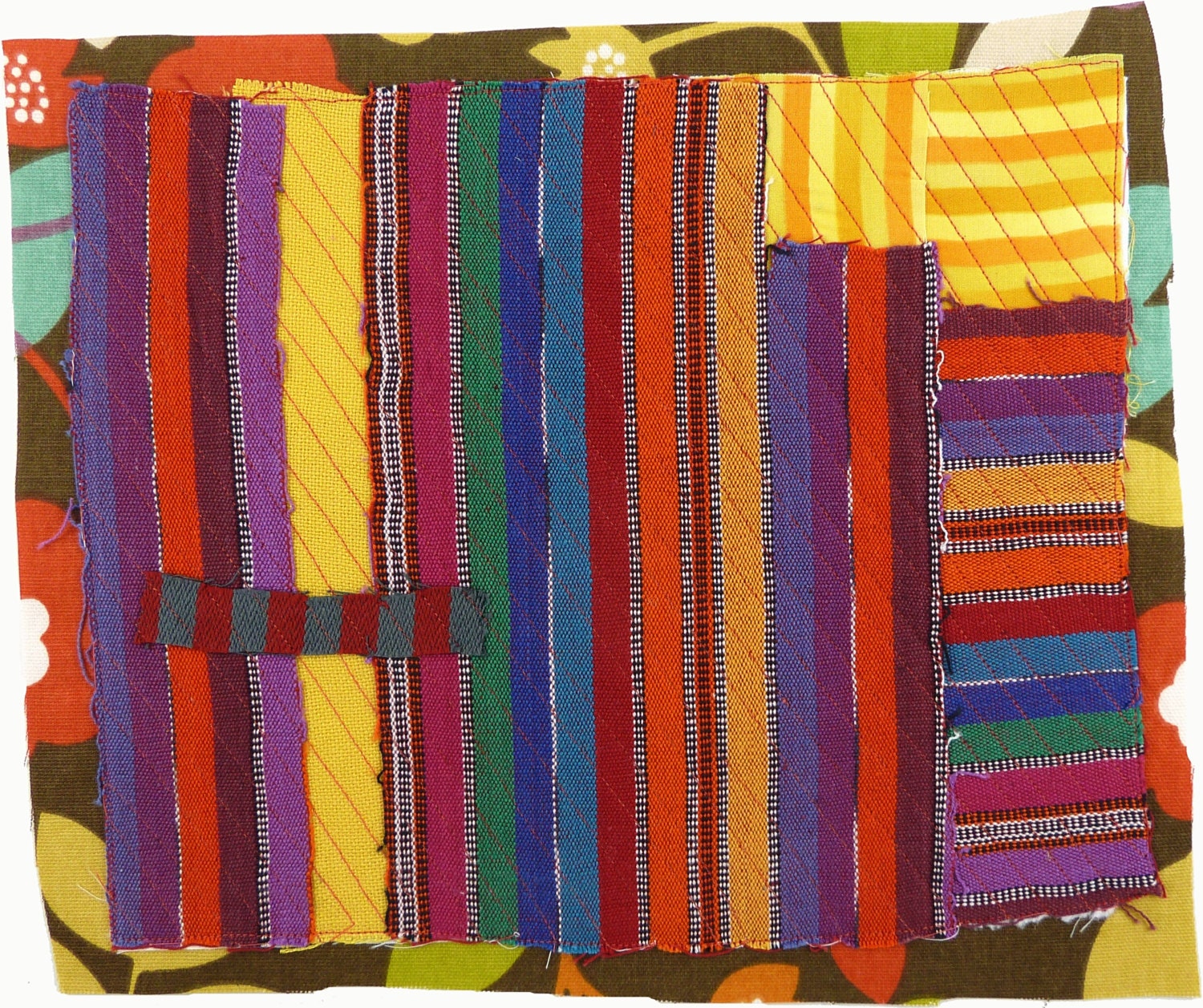 4.21.2013, quilted drawing, small art quilt, contemporary fiber art, abstract, haiku, red, blue, purple, yellow, orange, stripes