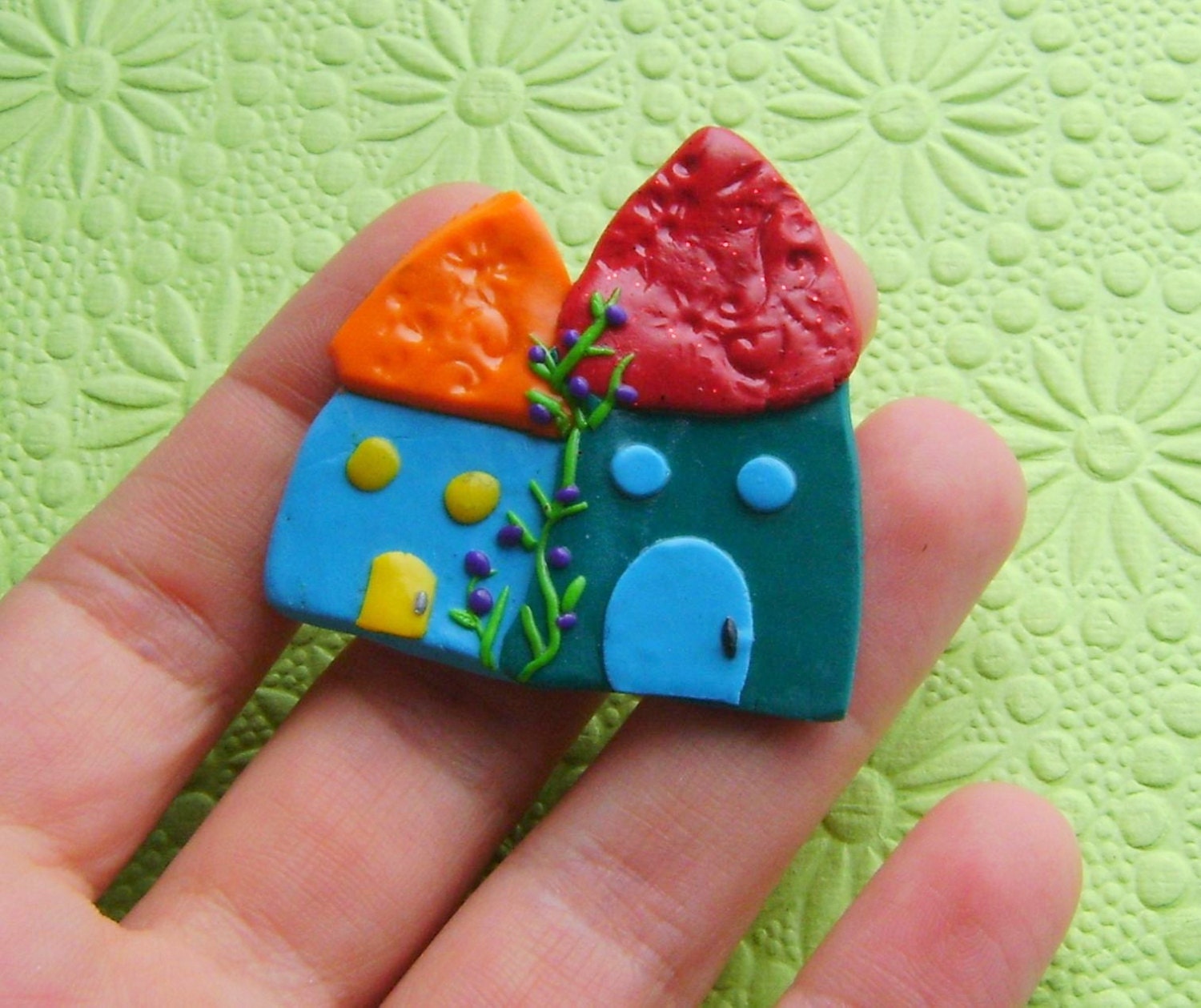 Polymer Clay House with flowers Brooch or Magnet