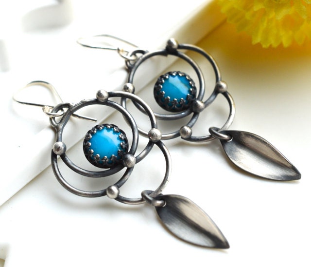 Lantern Earrings, Handmade, Sterling Silver, Long, Turquoise, Unique Metalwork, Hand Forged, Long, Gift for a Friend