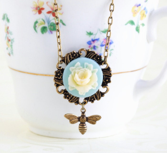 Bee Necklace, Vintage Style Floral Necklace, Brass Necklace, Whimsical Necklace, Gift for Friend, Sister