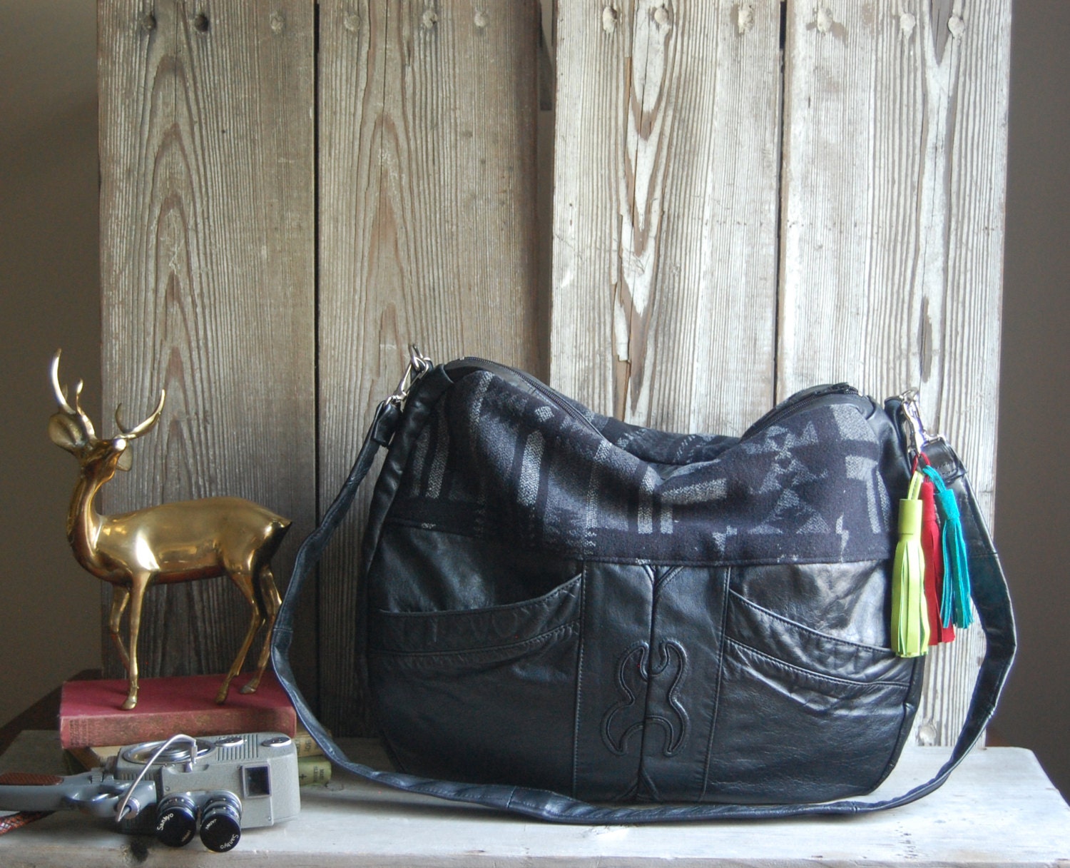 TUNDRA /// black leather bag with black and grey navajo southwestern fabric