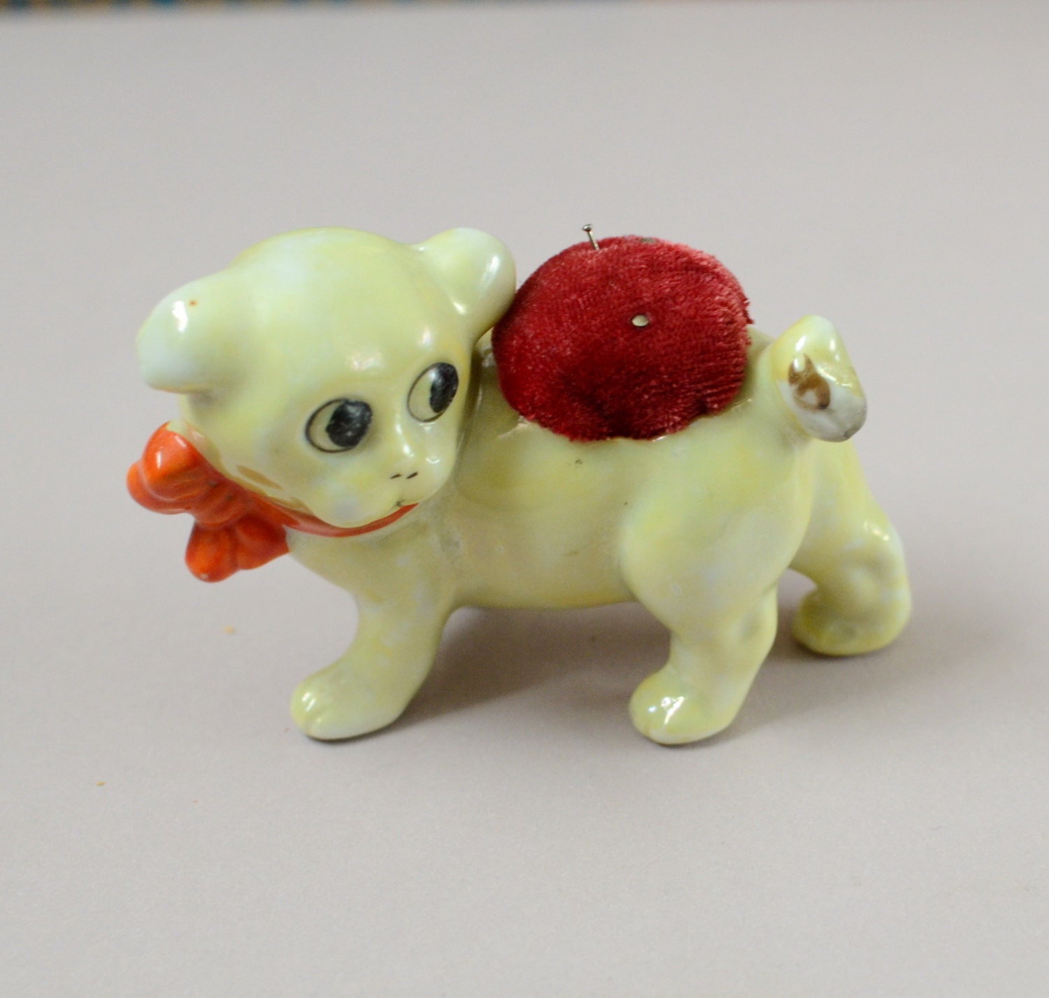 Vintage Dog Pincushion Lusterware Yellow