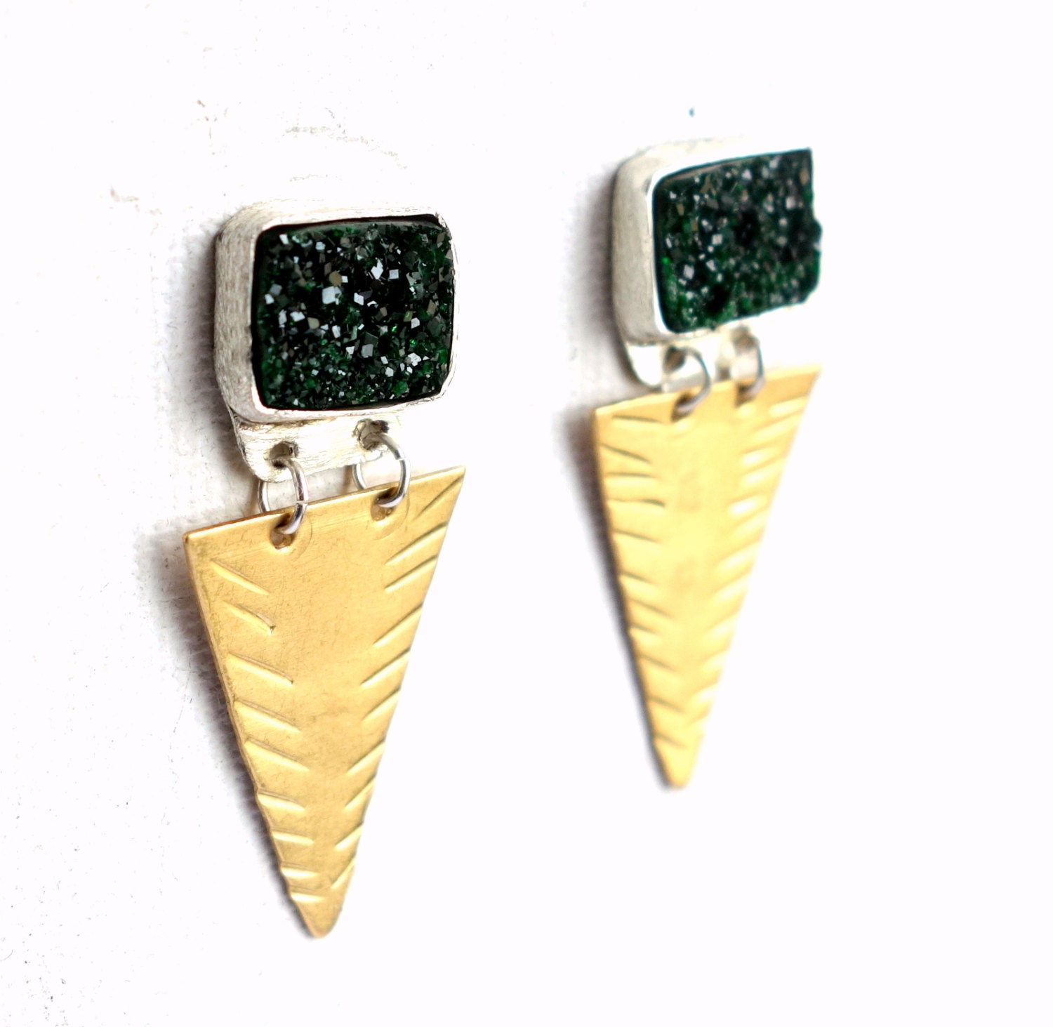 Deep Green Drusy Earrings- Handmade Triangle Dangles