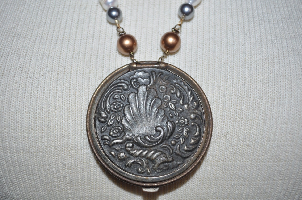Broken antique compact lid mirror pendant vintage repurposed necklace