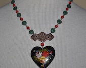 Vintage repurposed heart Russian pin green and red necklace
