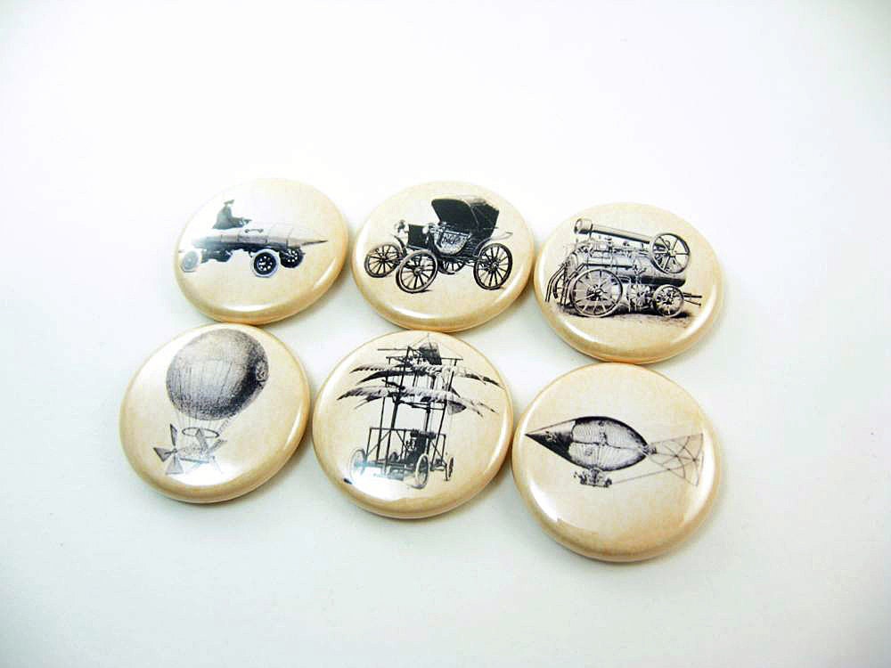 6 Travel Machine Fridge Magnets - airplane or car - sepia or white background 1194