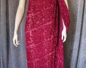 Elegant Grecian One Shouldered Column Gown , Unused 1920s Raspberry Silk Devore, Voided Velvet - Red Carpet0s Trim and Ribbon Art Flowers