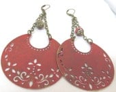 Red Crescent Moon Brass Earrings - Rustic Red Chandelier Earrings - Long Dangle Earrings