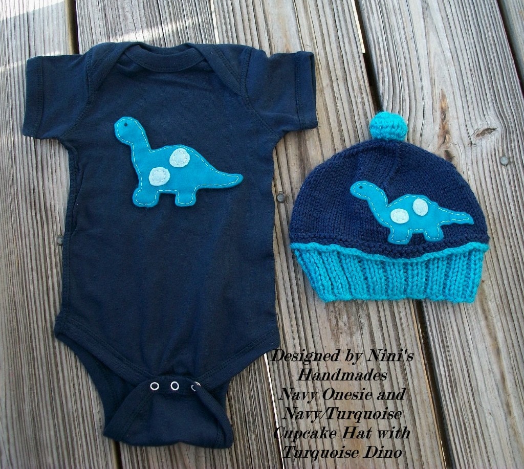 Turquoise Dinosaur Set Onesie and Hat set, bodysuit, cupcake  baby hat, childrens clothing, baby shower gift