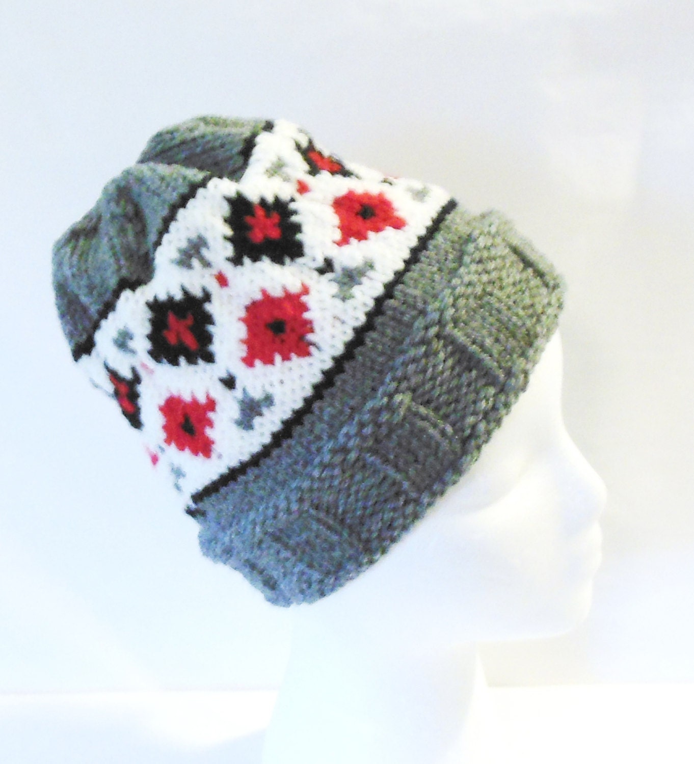 Hand knit hat Fair Isle grey white black red ski cap skullcap beanie watch cap womens mens teens toque ski cap