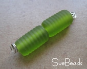 Lampwork Beads - SueBeads - Ribbed Barrel Shaped Beads - Olive Green Bead pair - Handmade Lampwork Beads - SRA M67