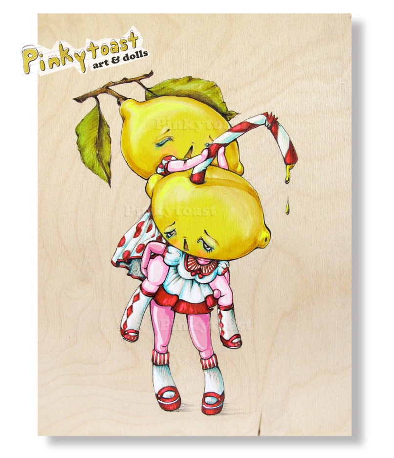 Original Painting-Sour Lemon Twins- Lemonade Pursuits-Piggyback Girl-Pinkytoast-9x12 inches