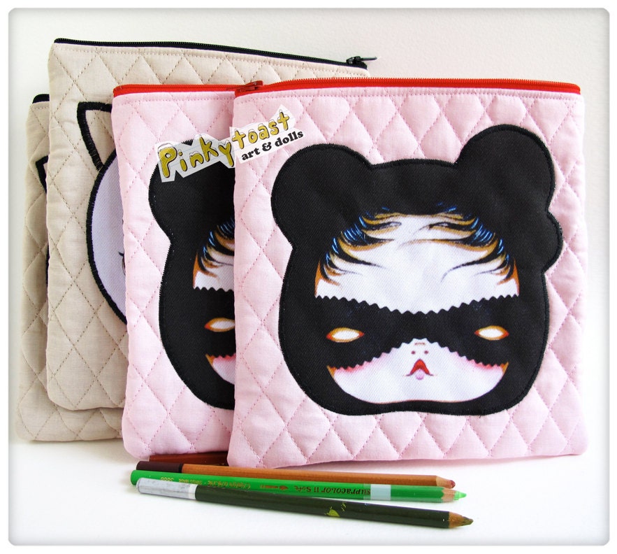 Pencil Case-Quilted Pink- Zippered bag-Kawaii Noir Mask Bandit Baby-Pinkytoast Art