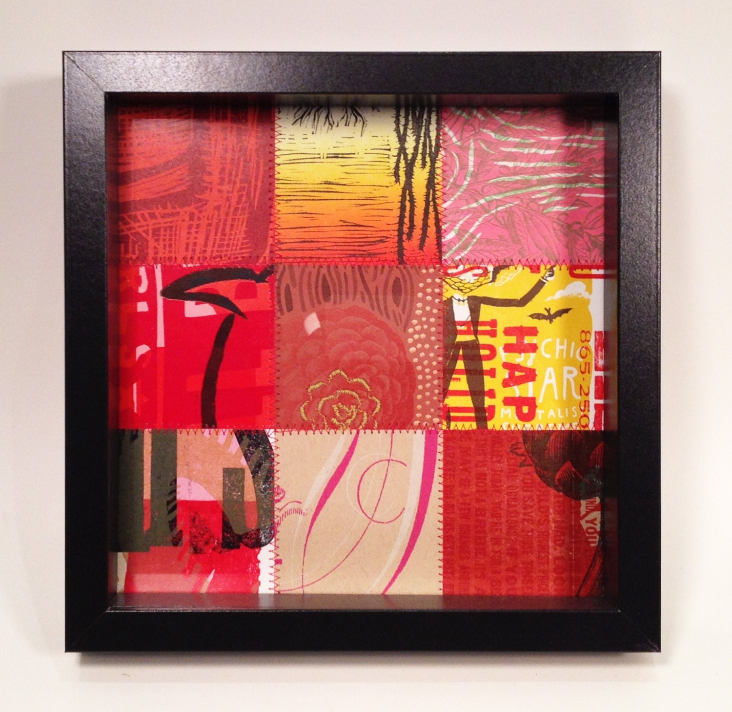 SEWN PAPER QUILT black no.23 (9"x9") Framed, Hand Printed, Stitched Monoprint Square Letterpress