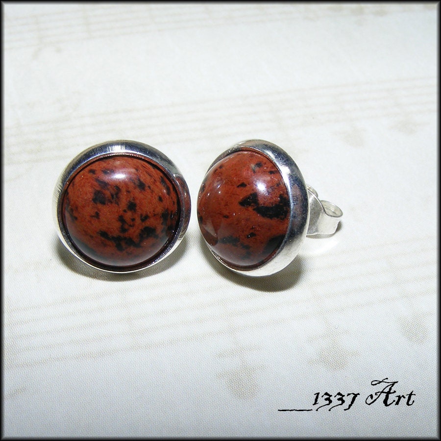 Mahogany Obsidian Stud Post Earrings, Silver Studs, 12mm Earrings