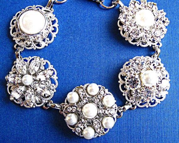 Bridal Bracelet, Pearl and Crystal, Vintage Style, Statement Wedding Bracelet