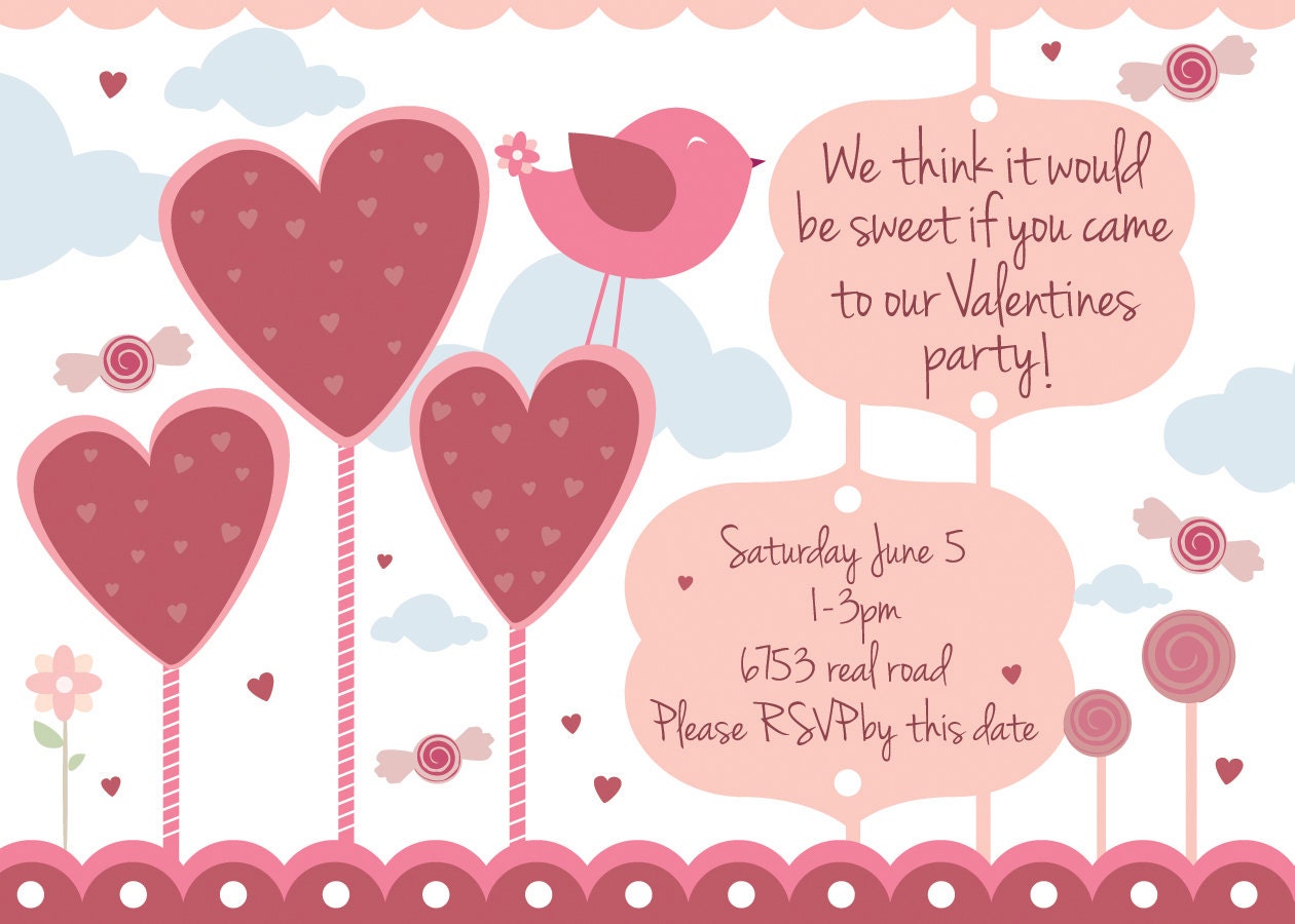 Printable Valentine Pink bird custom party invitation