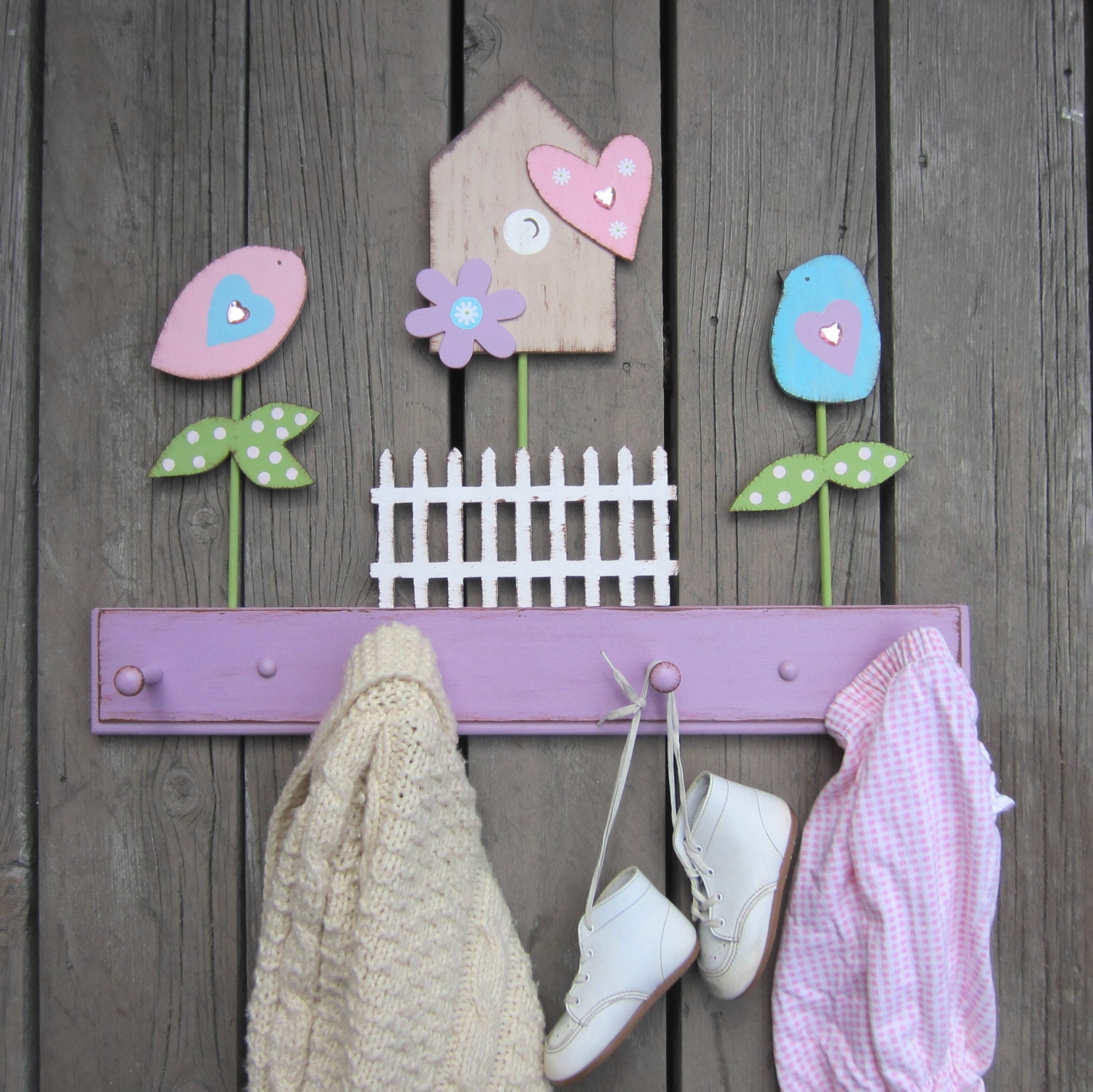 Birds & Birdhouse Peg Rack - Hand-Painted Natural Wood - Pottery Barn Kids Brooklyn Inspired