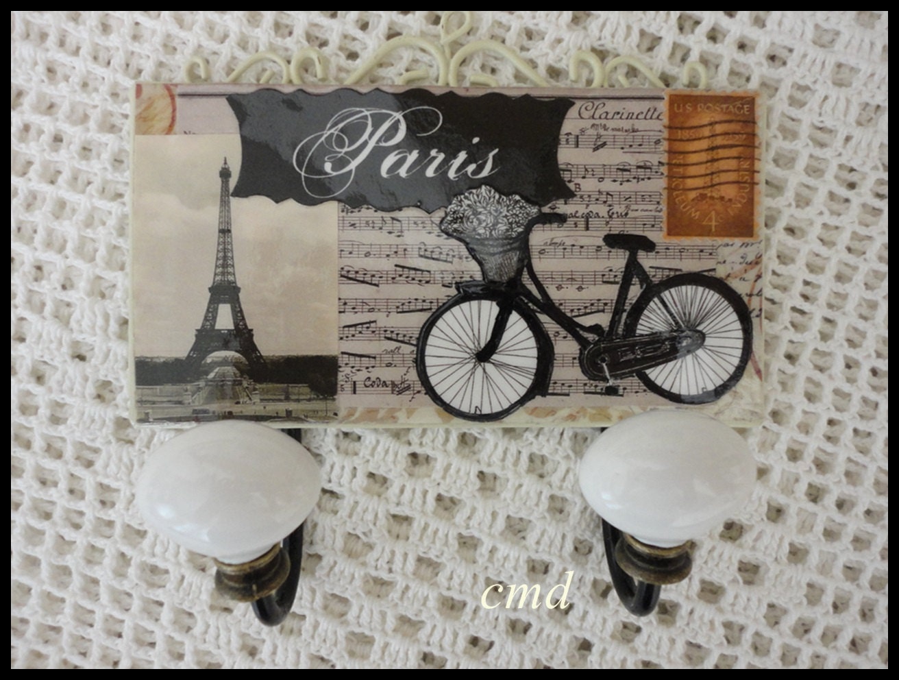 Biking Through Paris, Metal Double Porcelain Wall Hook Plaque, Hand Created Altered Art, ECS, CSSTeam