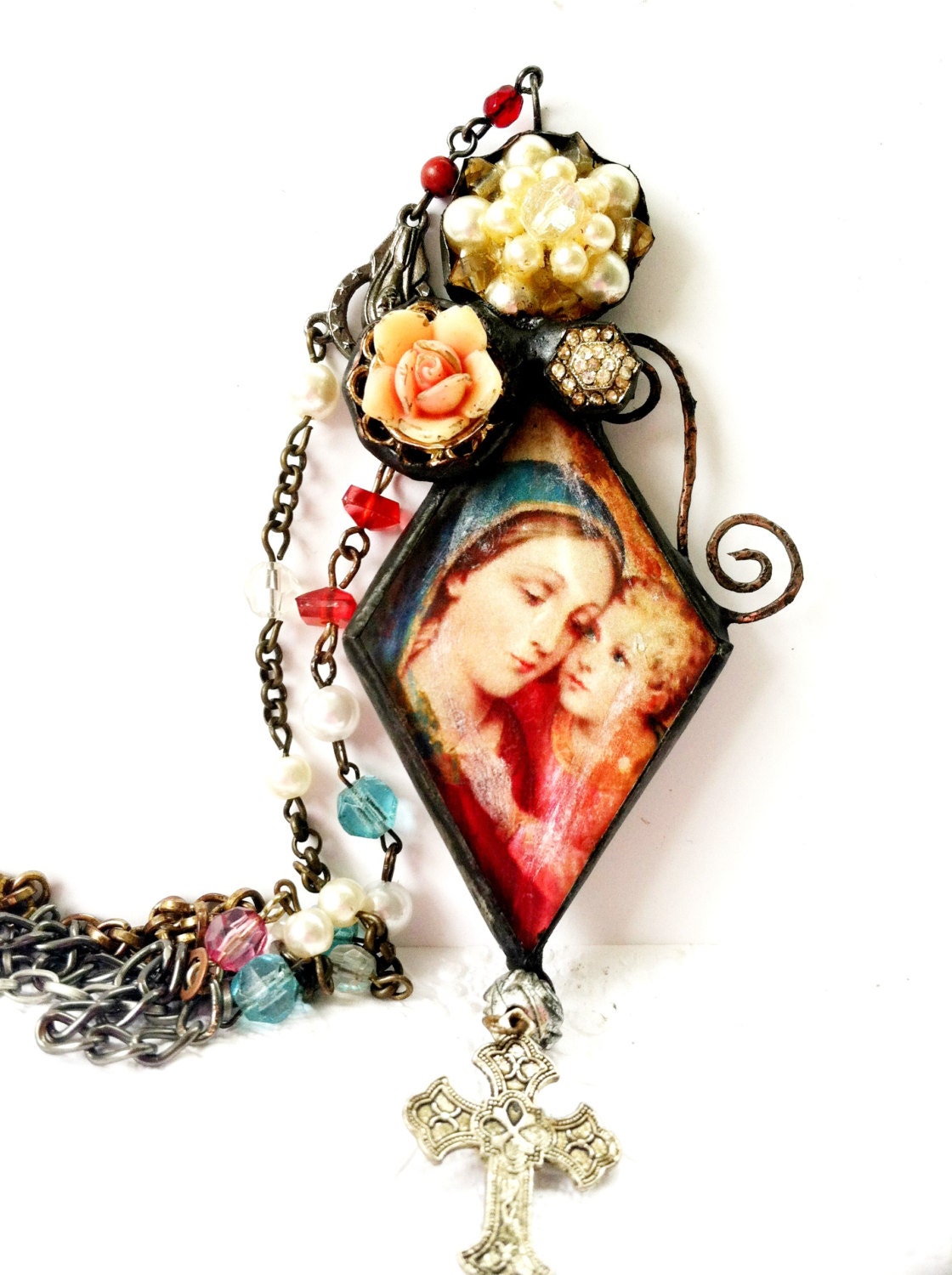 Virgin Mary Rosary, Our Mother Necklace, Bohemian Jewelry, Beveled Necklace, Religious Necklace, Vintage Bead Chain Gypsy Necklace,Madonna