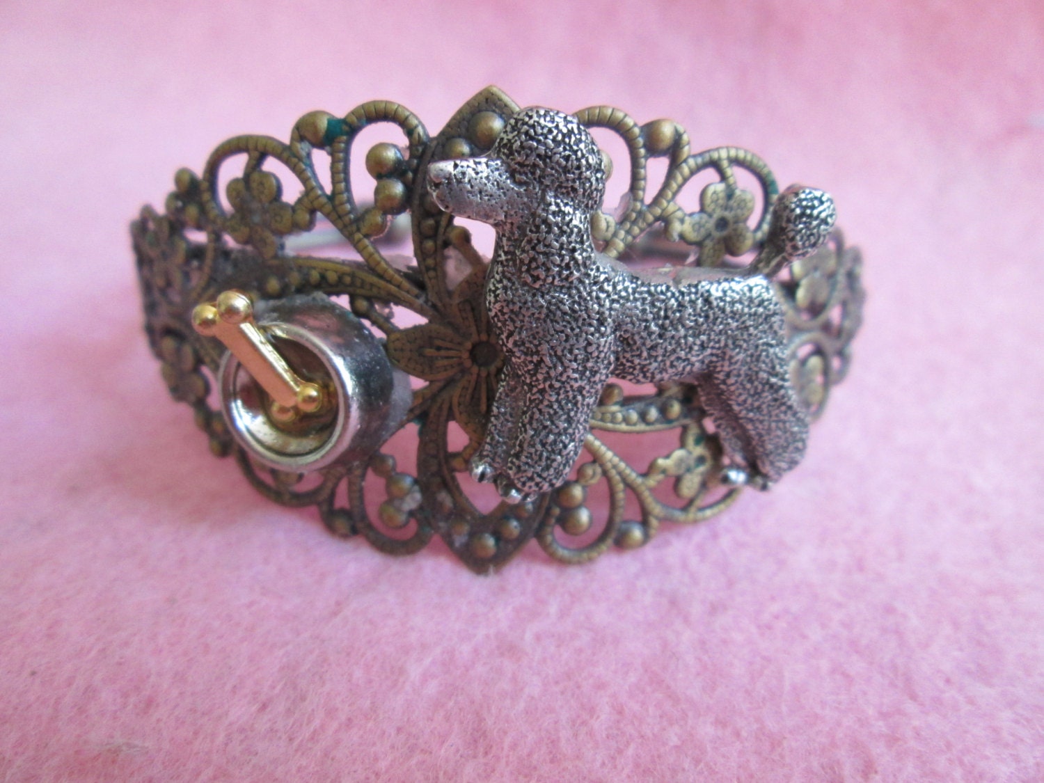 Lovely Antiqued Brass Filigree Figural Poodle Bracelet with Bowl and Bone-limited edition