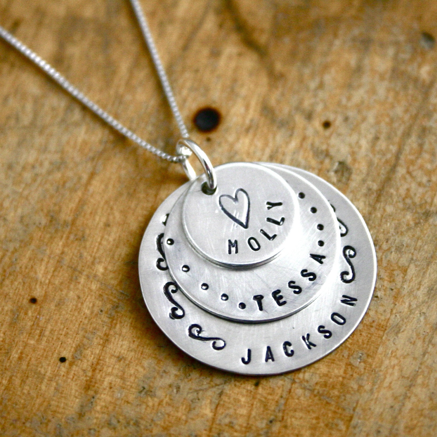 Personalized mothers necklace with three names- Hand stamped jewelry