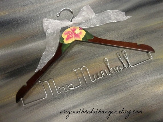 Wedding Dress Hangers Hand Painted Tropical Flower Silver Wire Name Hanger