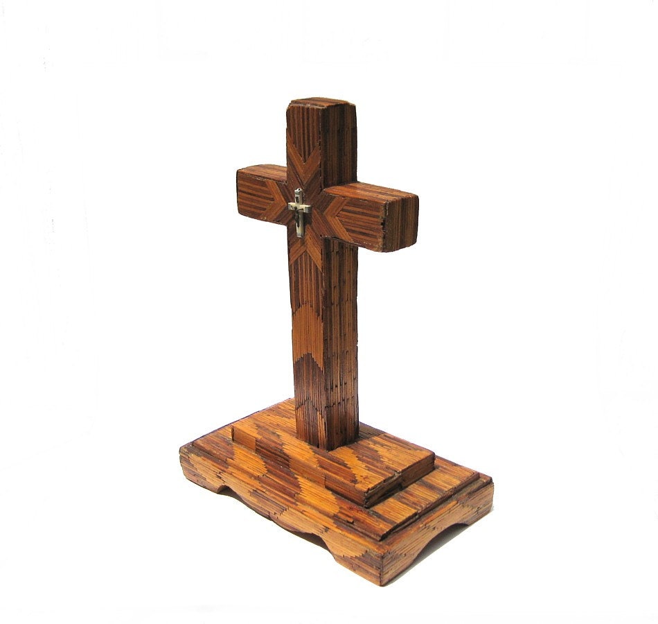 Tramp Art Matchstick Cross - Primitive Folk Art Crucifix - Large