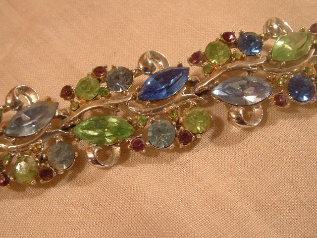 Flower  VINTAGE-Antique -Rhinestone-Aqua/Blue/Green Foral Bracelet- Downtown Abbey