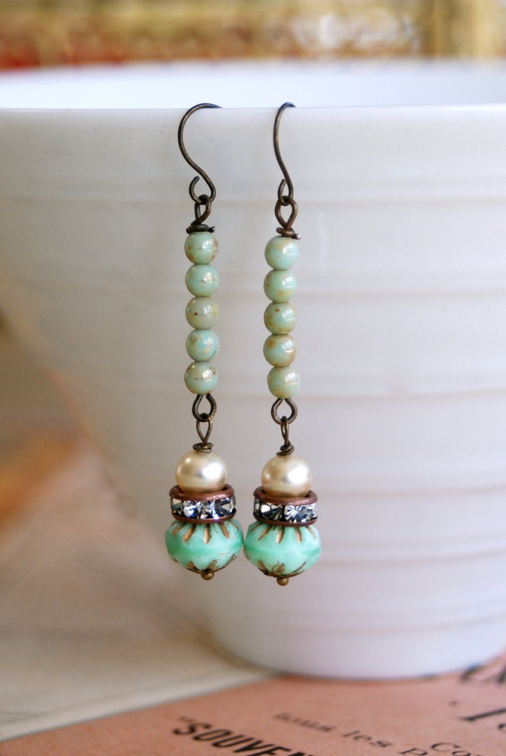 Gretchen.pearl,rhinestone,green beaded earrings. Tiedupmemories