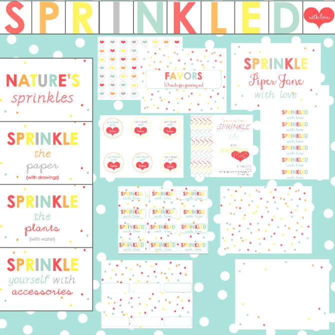 COMPLETE SPRINKLED with LOVE printable ensemble for a birthday party, baby shower or baby 'sprinkle'