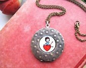 SPRING SALE -- Girl on Heart Locket, cupid arrow pendant, cute romantic art locket, love gift for her, romantic accessory, luckilly love is