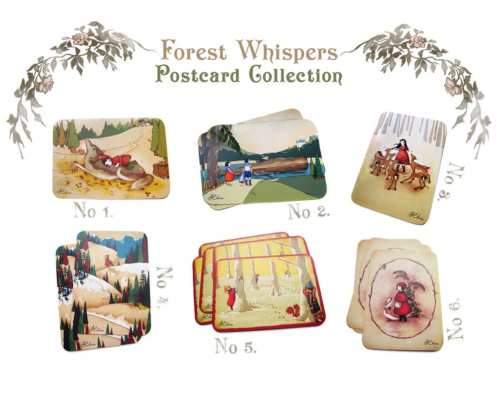 6 Postcard Pack, woodland postcards, animal postcards, fairytale cards, art postcard, whimsical postcard, animal art, forest art
