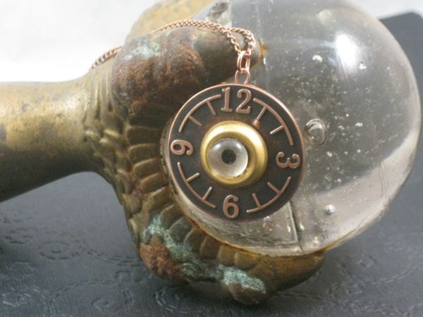 Copper watch face with vintage glass taxidermy eye pendant with copper chain