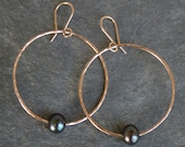 Peacock Pearl Hoop Earrings, 14k gold fill, Freshwater Pearls, Hammered Hoops, Circle Dangle Earrings, Pearl Earrings, 14 Karat Gold Filled